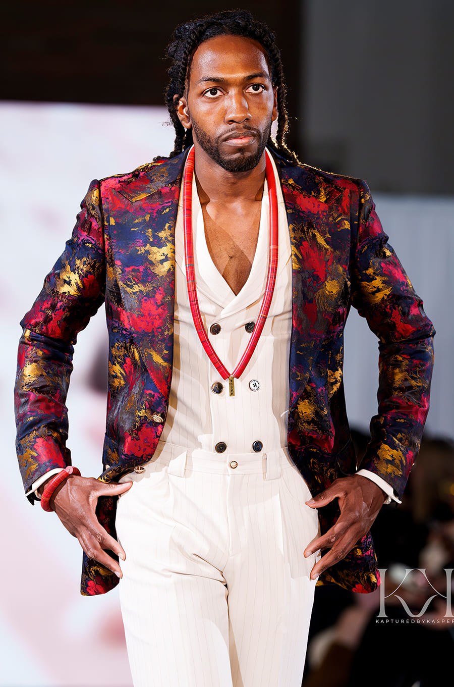 Feyi Avant-Garde Floral Blazer and Cream Gold Stripe Trousers