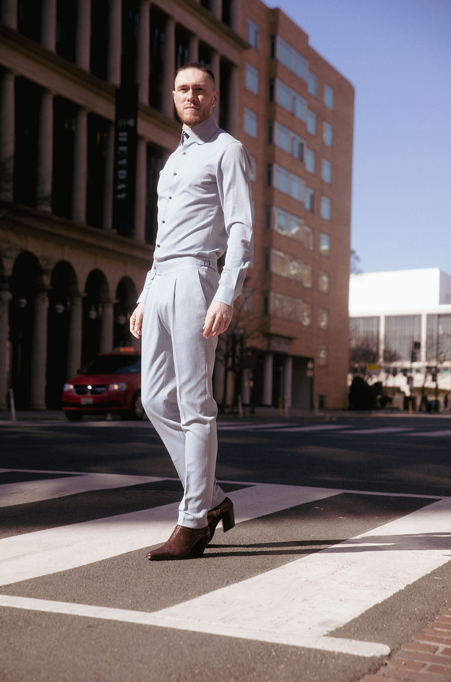 Lebene Gold Stripe Yale Blue Dress Shirt